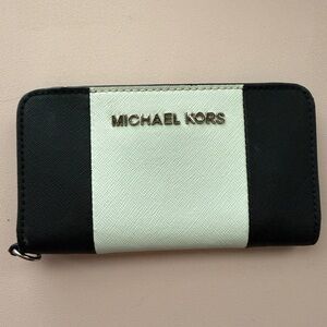 Michael Kors Black and White Striped Zip Around Wallet